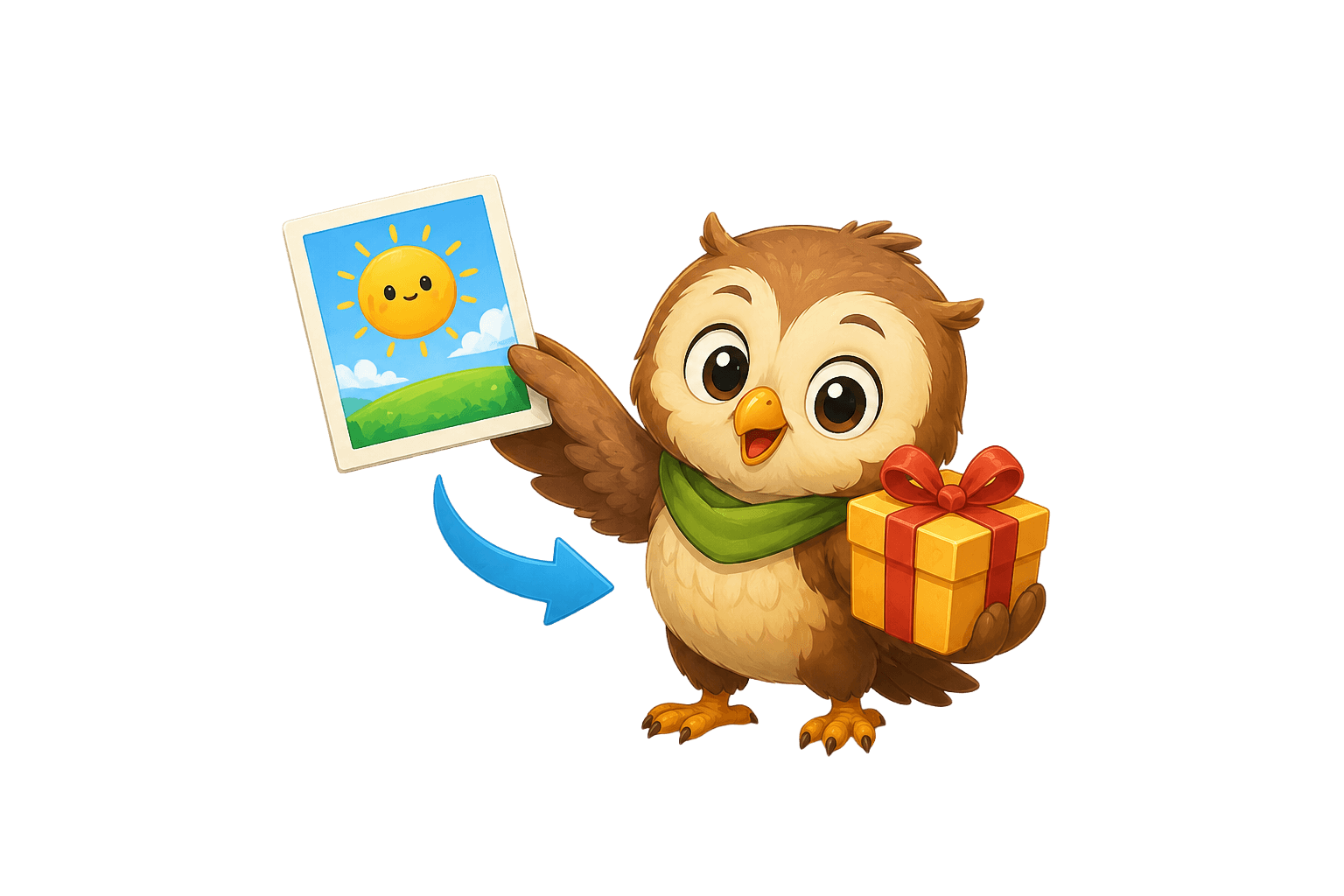 完成した絵本を共有するフクロウのキャラクター