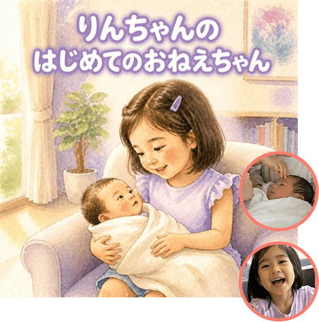 「りんちゃんのはじめてのおねえちゃん」のサンプル絵本表紙と登場人物の写真