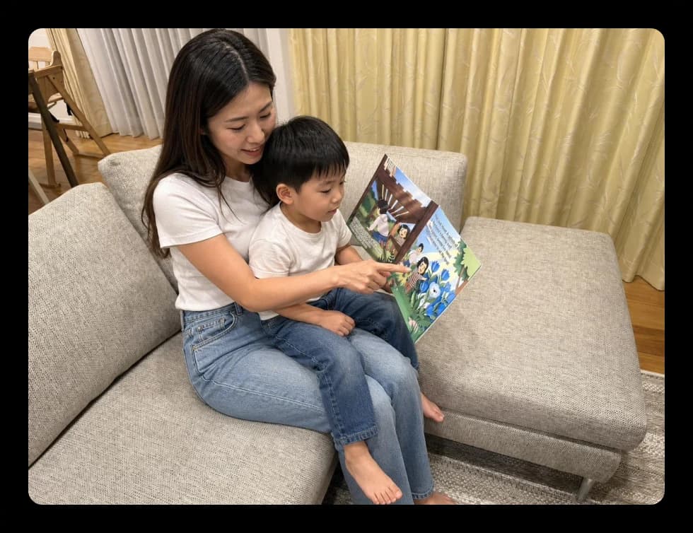 保護者が子どもと一緒に絵本を読んでいる様子