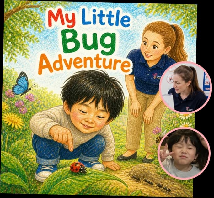 My Little Bug Adventureのサンプル絵本表紙と登場人物の写真