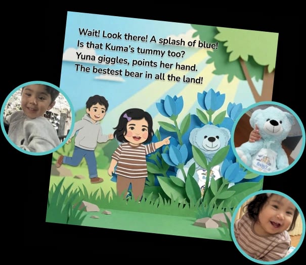 A Splash of Blueの絵本ページと絵本に登場する子どもの写真