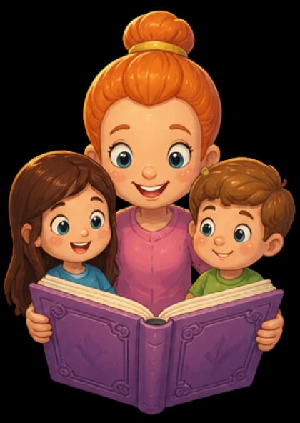 完成した絵本を子どもと保護者へ届けるステップのイラスト