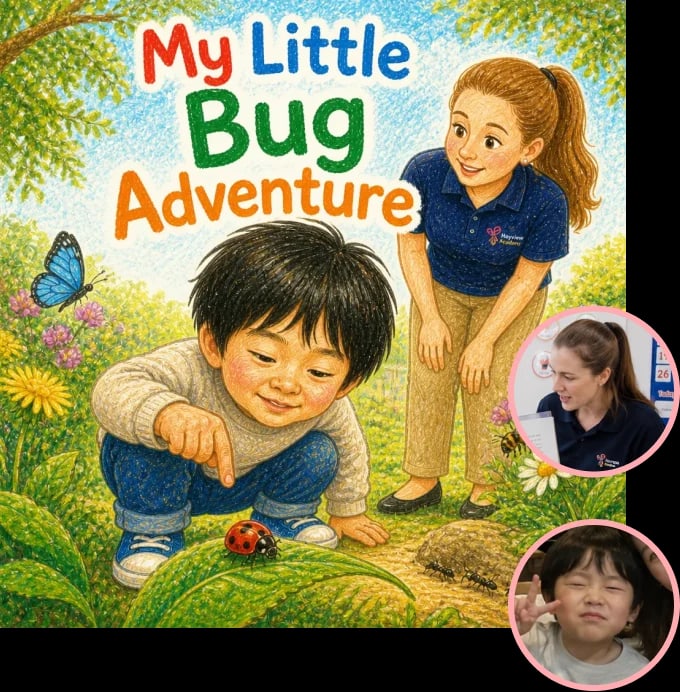 My Little Bug Adventureのサンプル絵本表紙と登場人物の写真